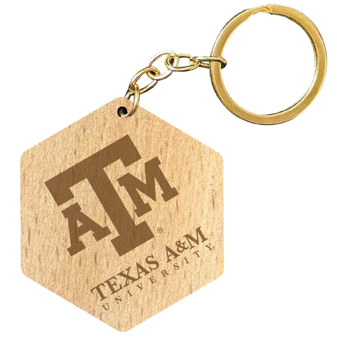 Texas AandM Aggies 2" Engraved Wooden Hexagon Keychain Officially Licensed Collegiate Product Image 1