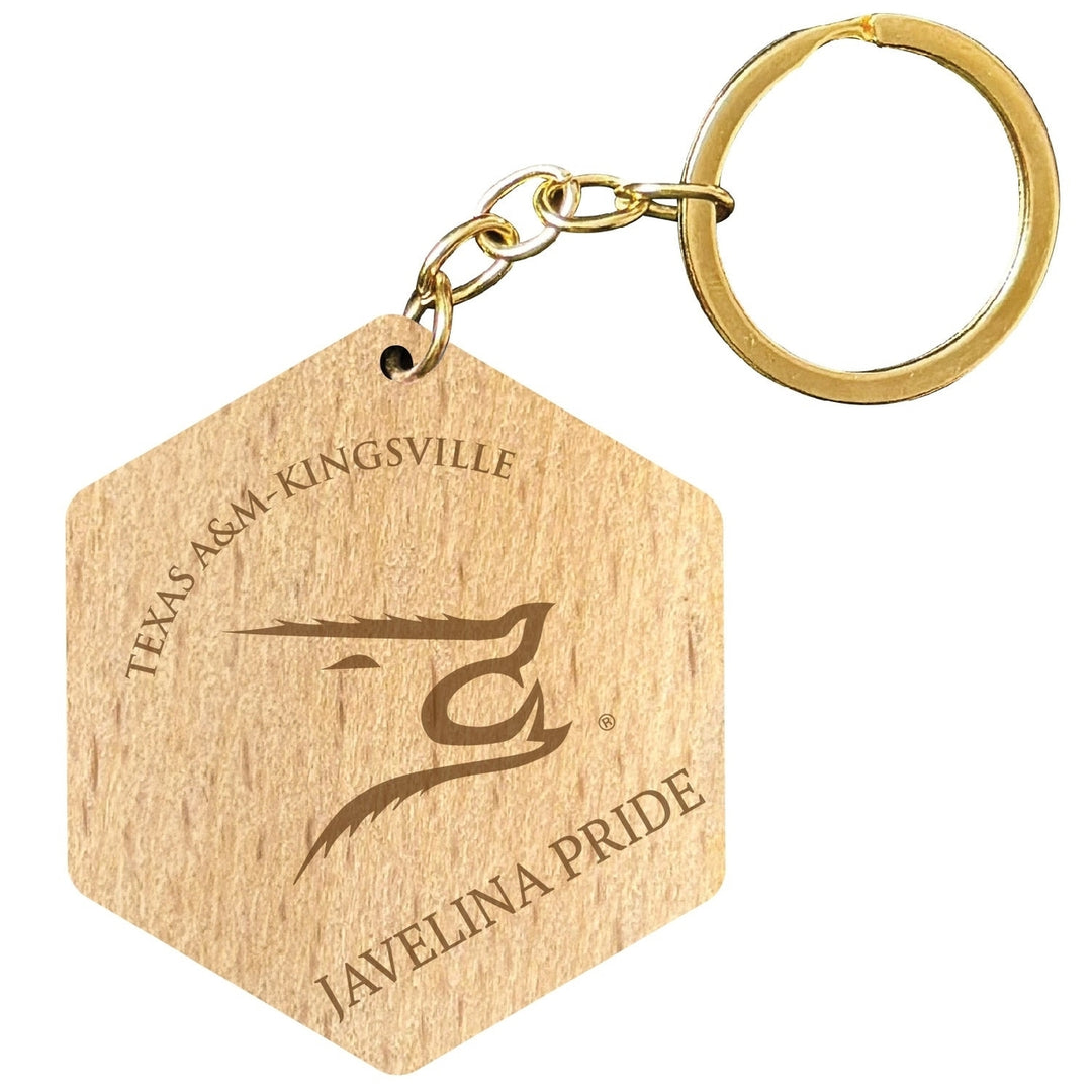 Texas AandM Kingsville Javelinas 2" Engraved Wooden Hexagon Keychain Officially Licensed Collegiate Product Image 1