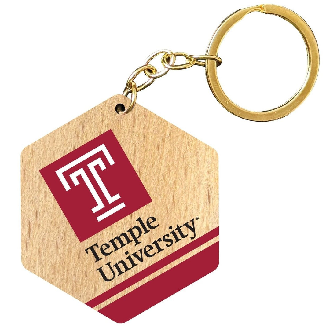 Temple University 2" Wooden Hexagon Keychain Officially Licensed Collegiate Product Image 1