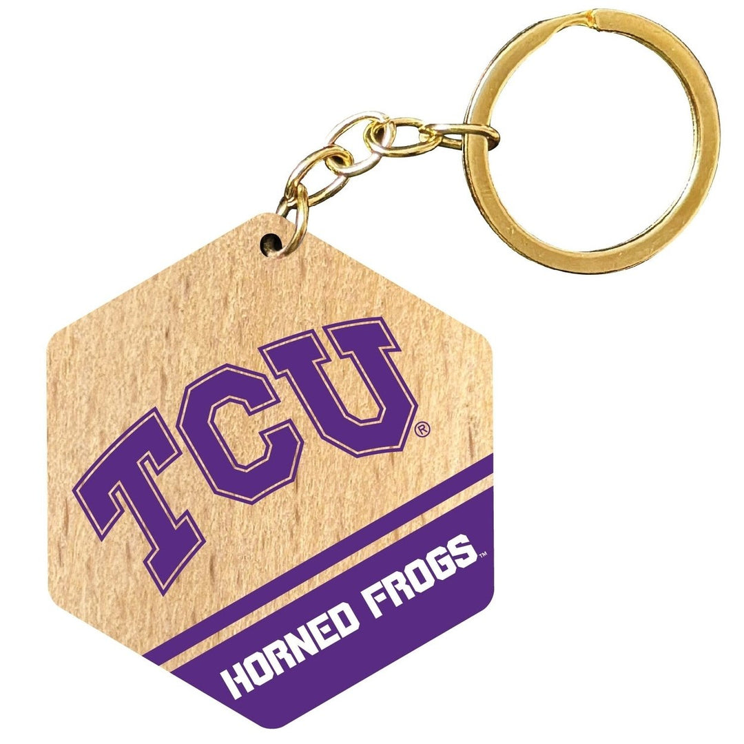 Texas Christian University 2" Wooden Hexagon Keychain Officially Licensed Collegiate Product Image 1