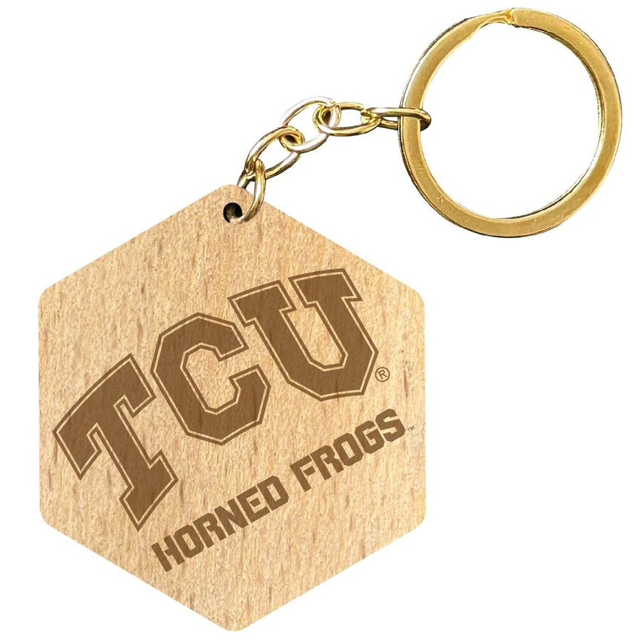 Texas Christian University 2" Engraved Wooden Hexagon Keychain Officially Licensed Collegiate Product Image 1