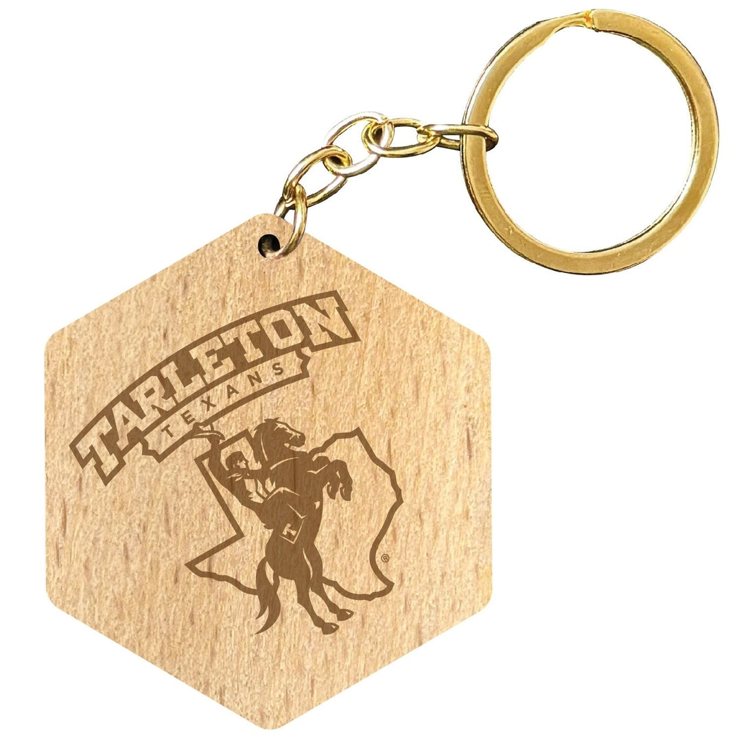 Tarleton State University 2" Engraved Wooden Hexagon Keychain Officially Licensed Collegiate Product Image 1