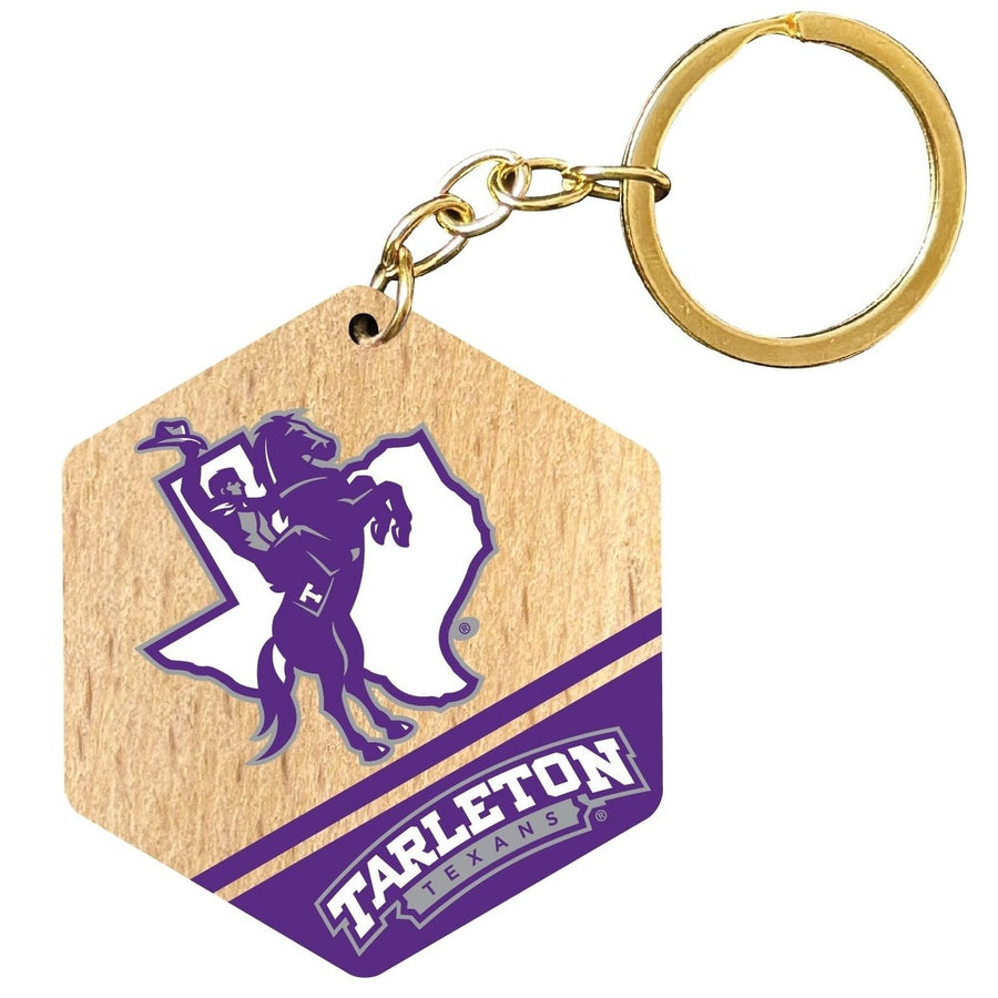 Tarleton State University 2" Wooden Hexagon Keychain Officially Licensed Collegiate Product Image 1