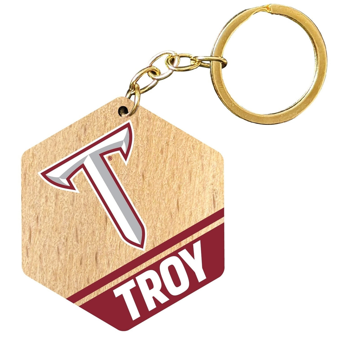 Troy University 2" Wooden Hexagon Keychain Officially Licensed Collegiate Product Image 1