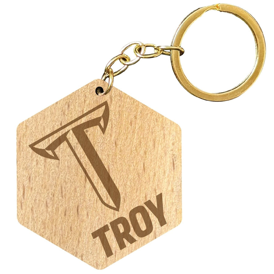 Troy University 2" Engraved Wooden Hexagon Keychain Officially Licensed Collegiate Product Image 1