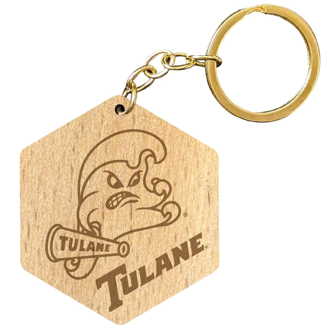 Tulane University Green Wave 2" Engraved Wooden Hexagon Keychain Officially Licensed Collegiate Product Image 1