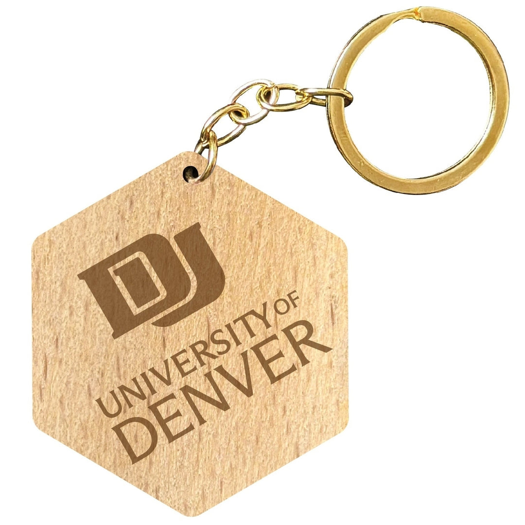 University of Denver Pioneers 2" Engraved Wooden Hexagon Keychain Officially Licensed Collegiate Product Image 1