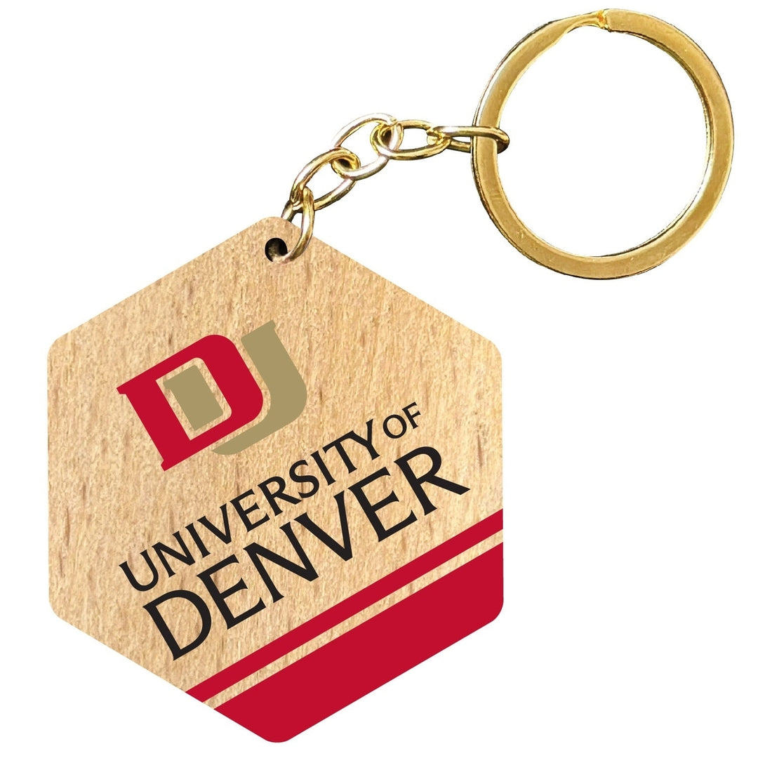 University of Denver Pioneers 2" Wooden Hexagon Keychain Officially Licensed Collegiate Product Image 1