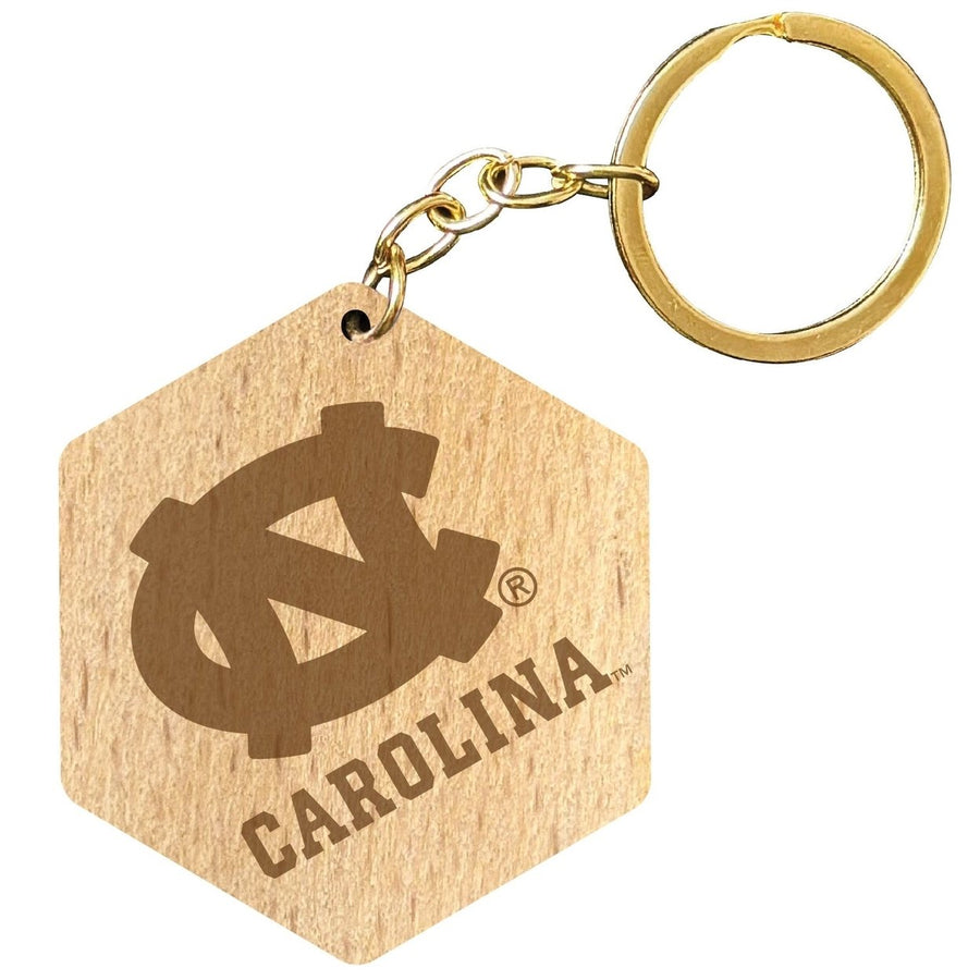 UNC Tar Heels 2" Engraved Wooden Hexagon Keychain Officially Licensed Collegiate Product Image 1