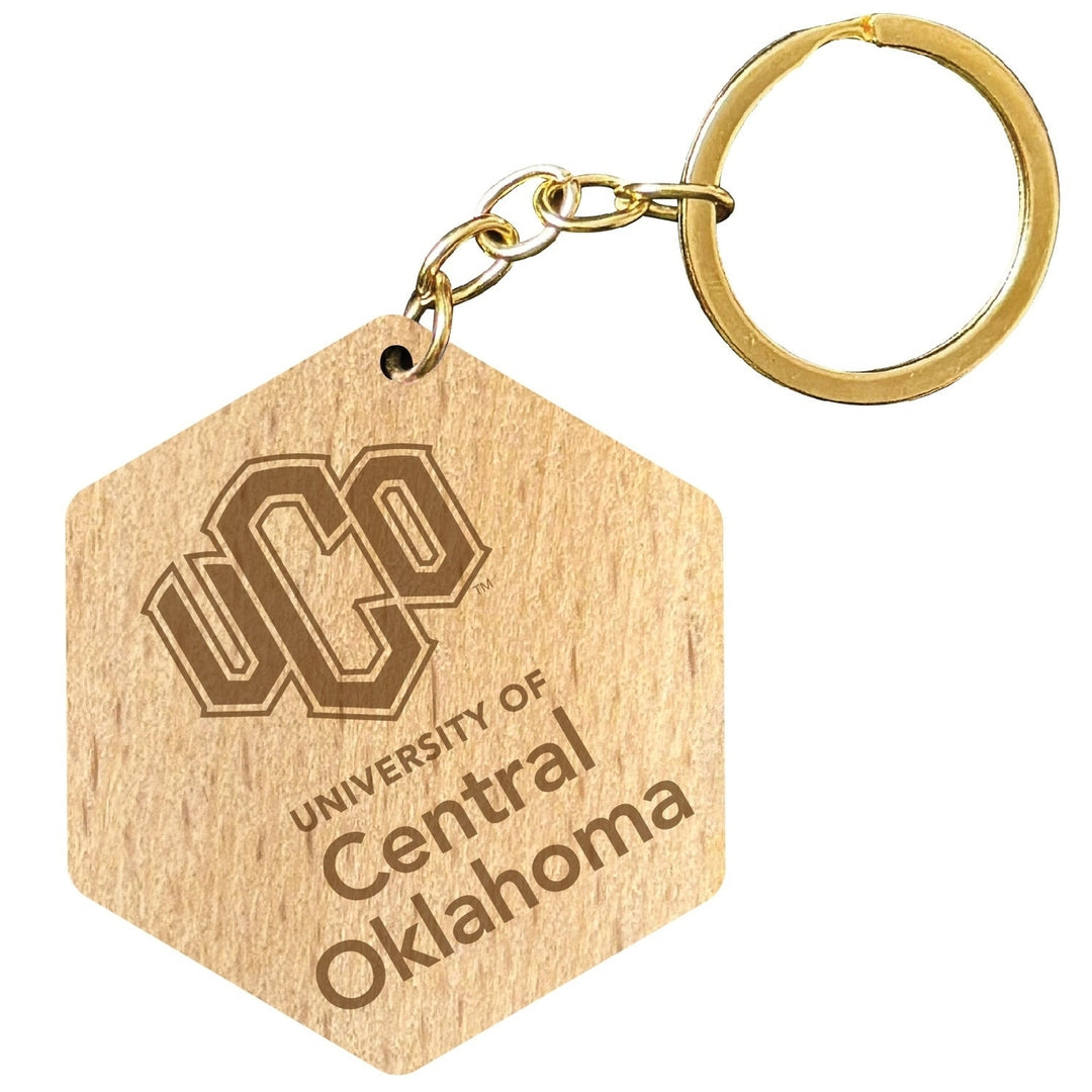 University of Central Oklahoma Bronchos 2" Engraved Wooden Hexagon Keychain Officially Licensed Collegiate Product Image 1