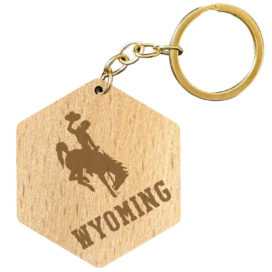 University of Wyoming 2" Engraved Wooden Hexagon Keychain Officially Licensed Collegiate Product Image 1