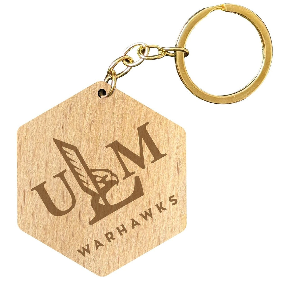 University of Louisiana Monroe 2" Engraved Wooden Hexagon Keychain Officially Licensed Collegiate Product Image 1