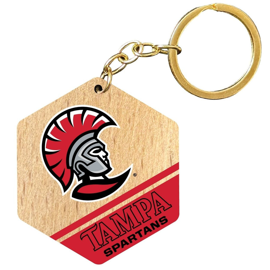 University of Tampa Spartans 2" Wooden Hexagon Keychain Officially Licensed Collegiate Product Image 1