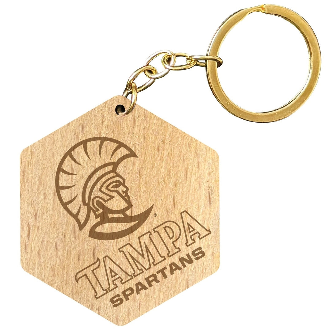 University of Tampa Spartans 2" Engraved Wooden Hexagon Keychain Officially Licensed Collegiate Product Image 1