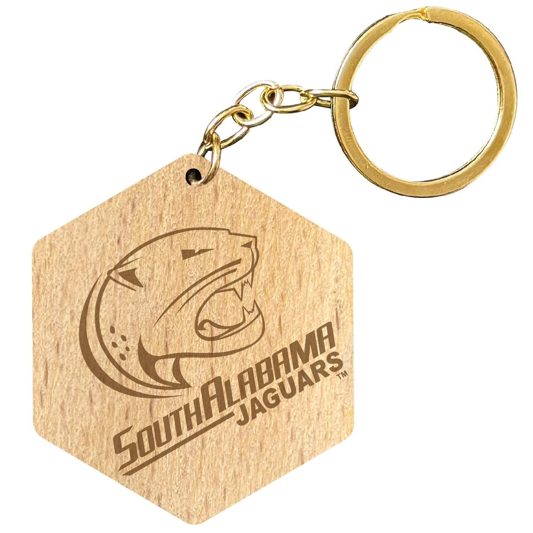 University of South Alabama 2" Engraved Wooden Hexagon Keychain Officially Licensed Collegiate Product Image 1