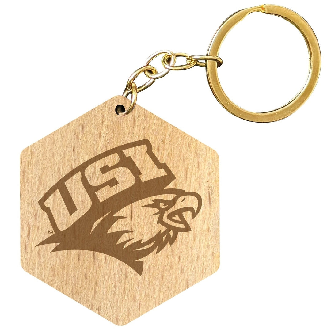 University of Southern Indiana 2" Engraved Wooden Hexagon Keychain Officially Licensed Collegiate Product Image 1