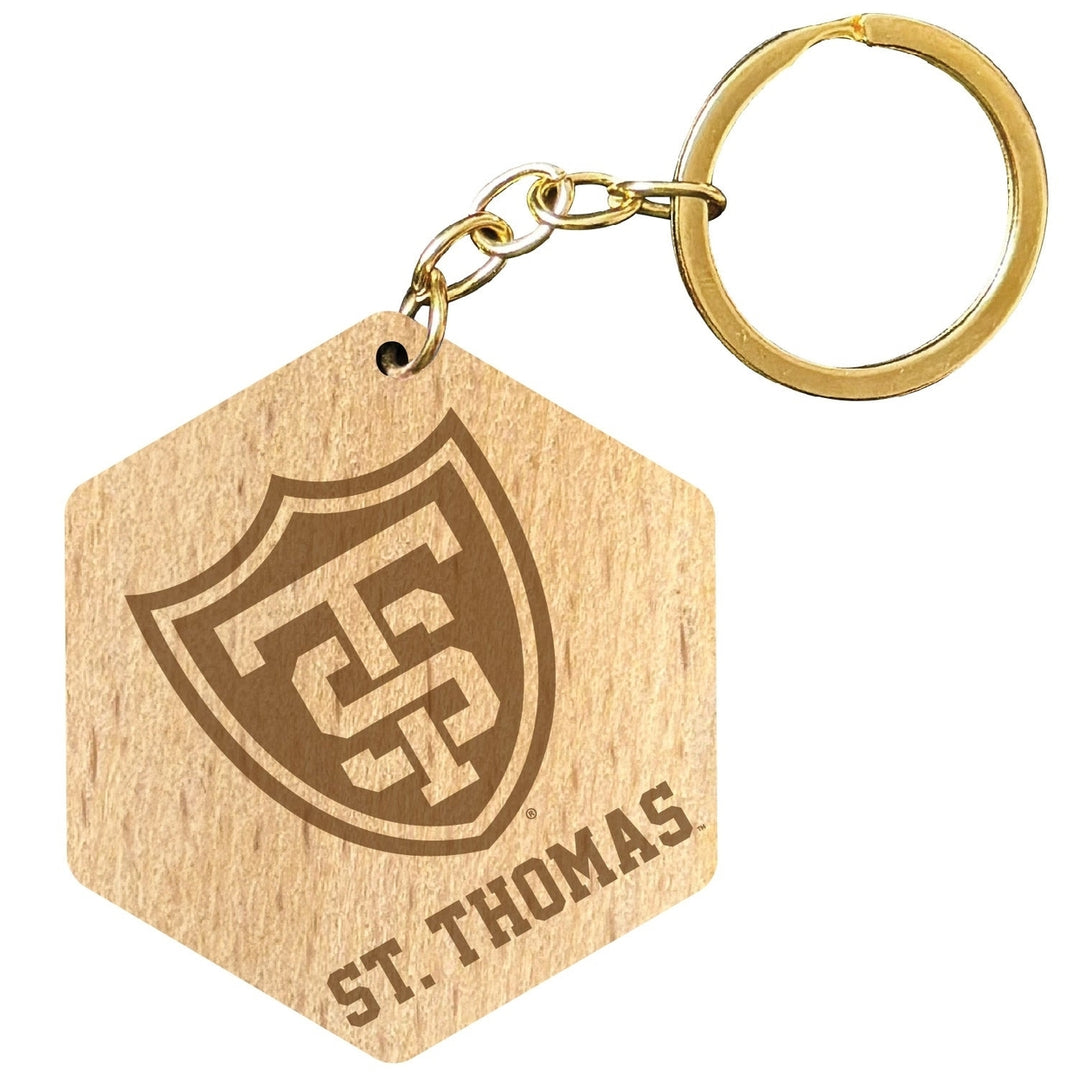 University of St. Thomas 2" Engraved Wooden Hexagon Keychain Officially Licensed Collegiate Product Image 1