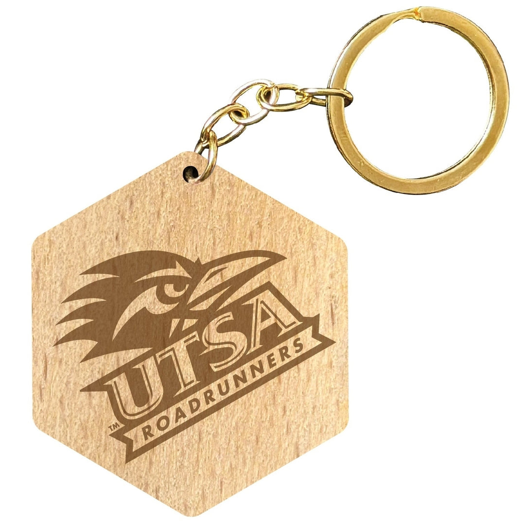 UTSA Road Runners 2" Engraved Wooden Hexagon Keychain Officially Licensed Collegiate Product Image 1