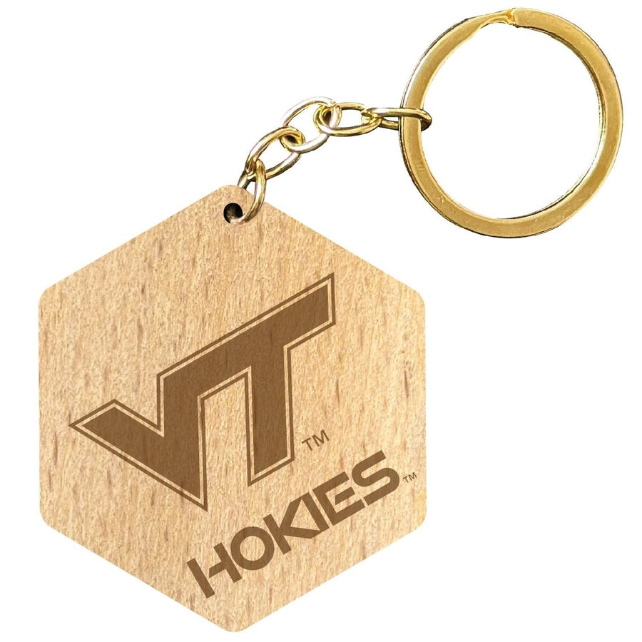 Virginia Tech Hokies 2" Engraved Wooden Hexagon Keychain Officially Licensed Collegiate Product Image 1