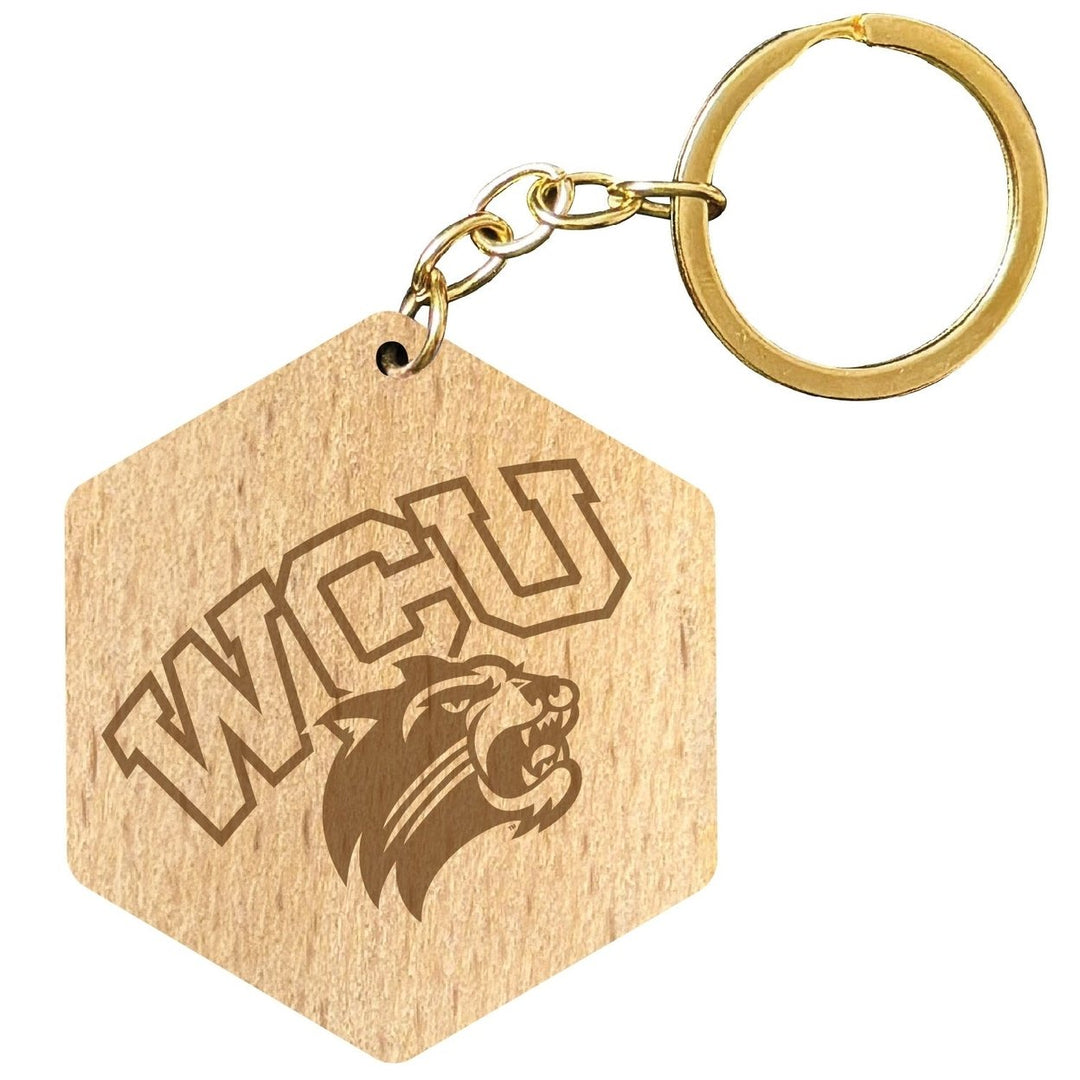 Western Carolina University 2" Engraved Wooden Hexagon Keychain Officially Licensed Collegiate Product Image 1