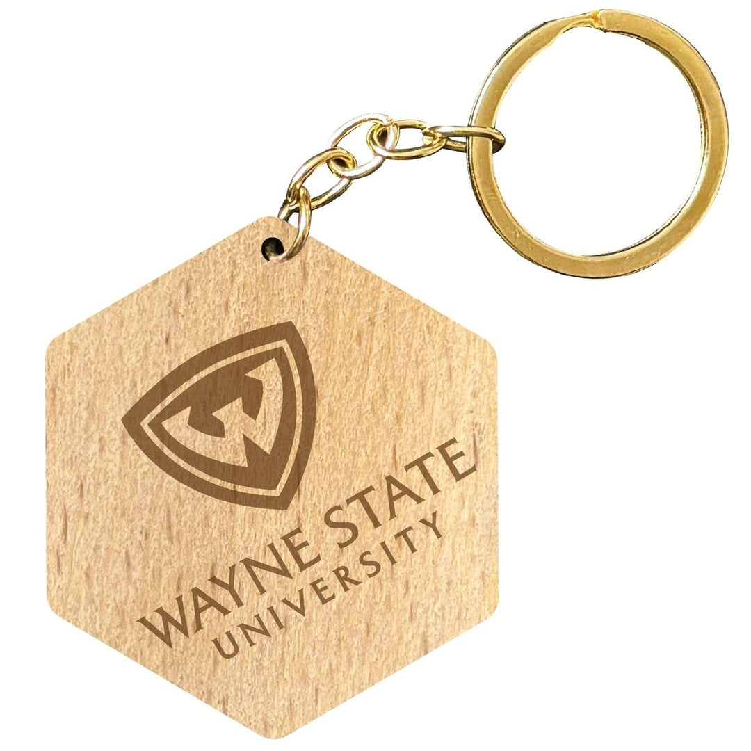 Wayne State 2" Engraved Wooden Hexagon Keychain Officially Licensed Collegiate Product Image 1