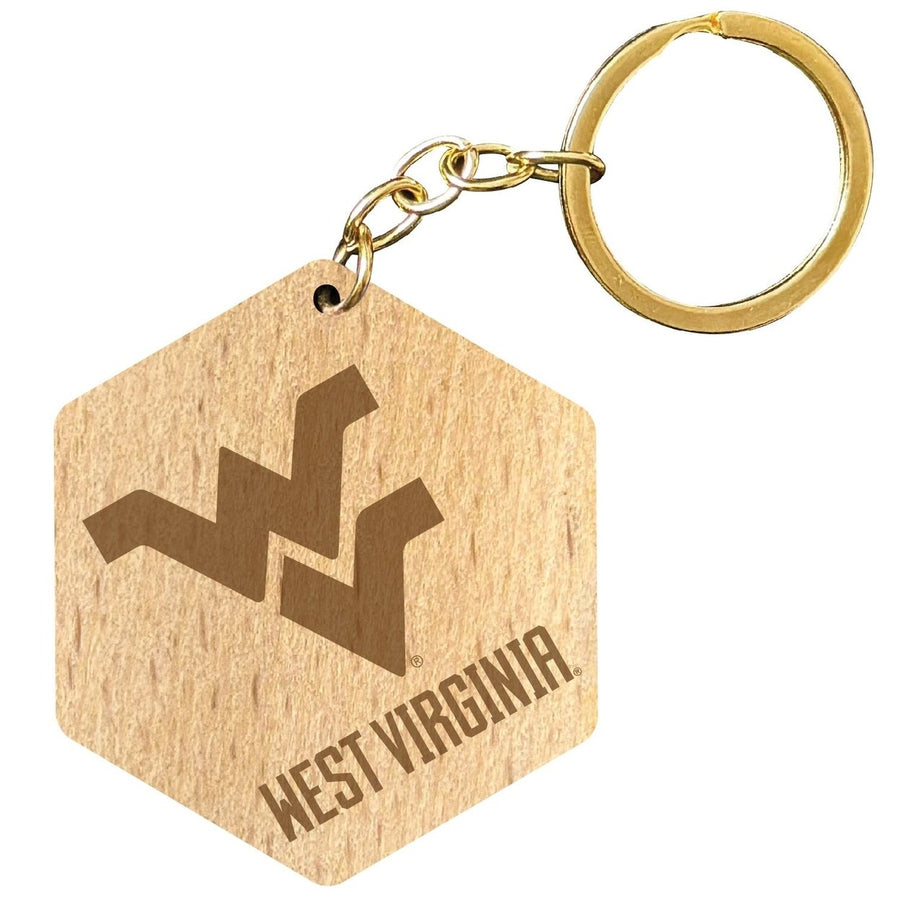 West Virginia Mountaineers 2" Engraved Wooden Hexagon Keychain Officially Licensed Collegiate Product Image 1