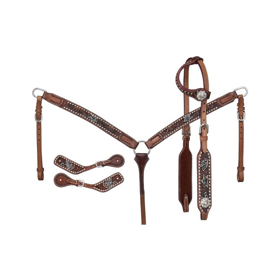 Tough 1 Breast Collar Set Floral Headstall Spur Strap Dark Oil 90-5650 Image 1