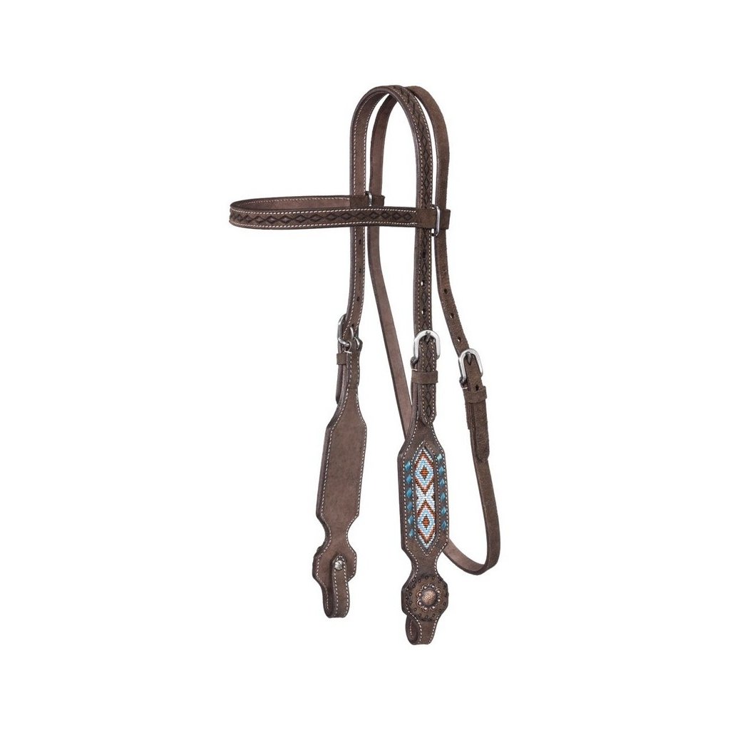 Tough 1 Headstall Sonora Barrel Leather Beading Brown 45-2225 Image 1