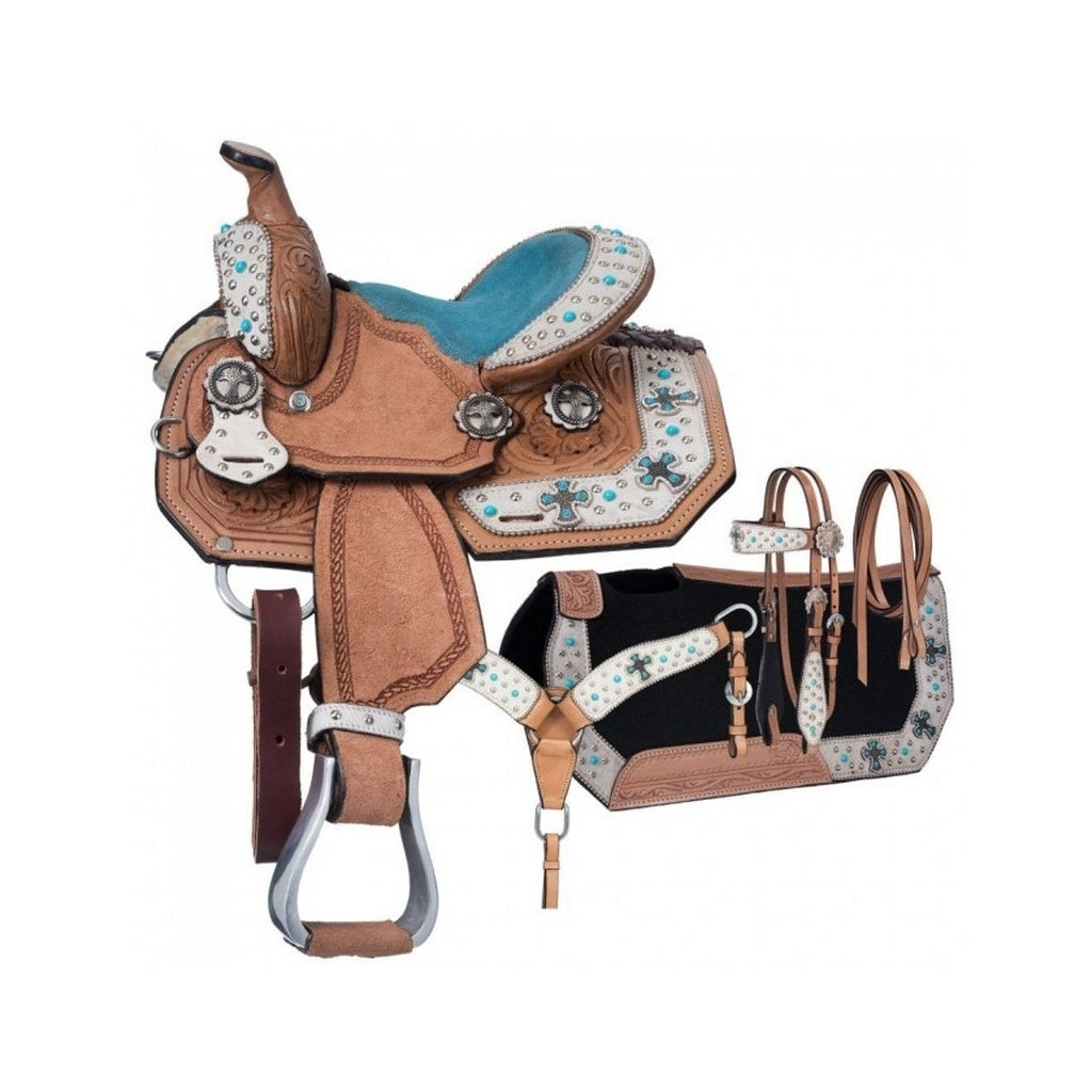 Tough 1 Western Saddle Floral Set Cross Turq 8" Brown 9SR87384P Image 1