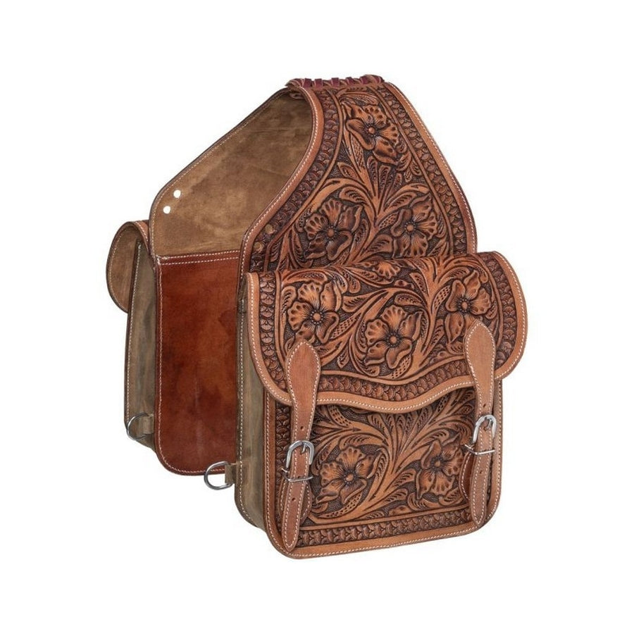 Tough 1 Saddle Bag Floral Tooled Leather Large Pockets Brown 61-9983 Image 1