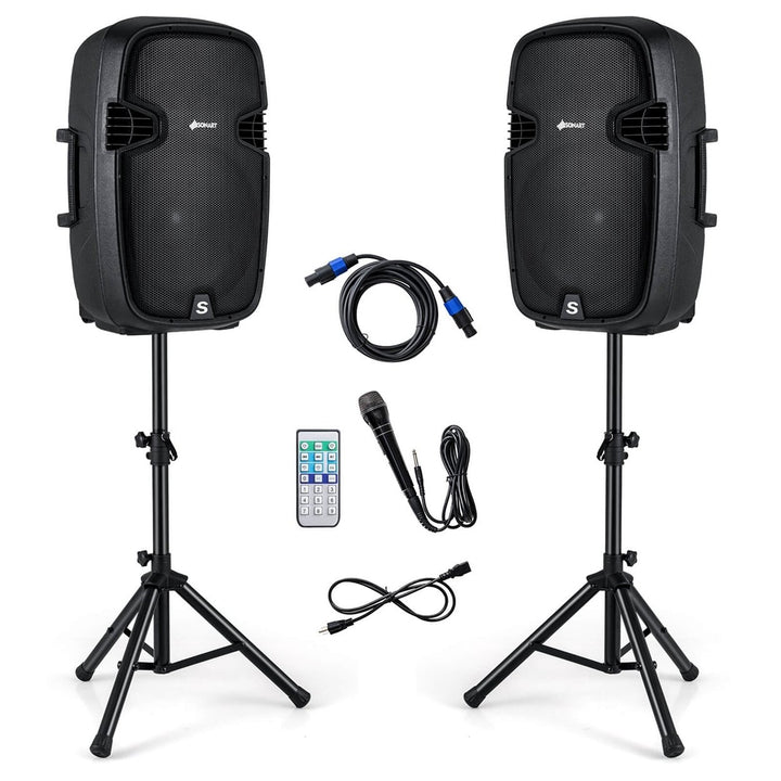 Portable Dual 15" 2-way 2000 W Powered Speakers w/ Stands and Controller Image 1