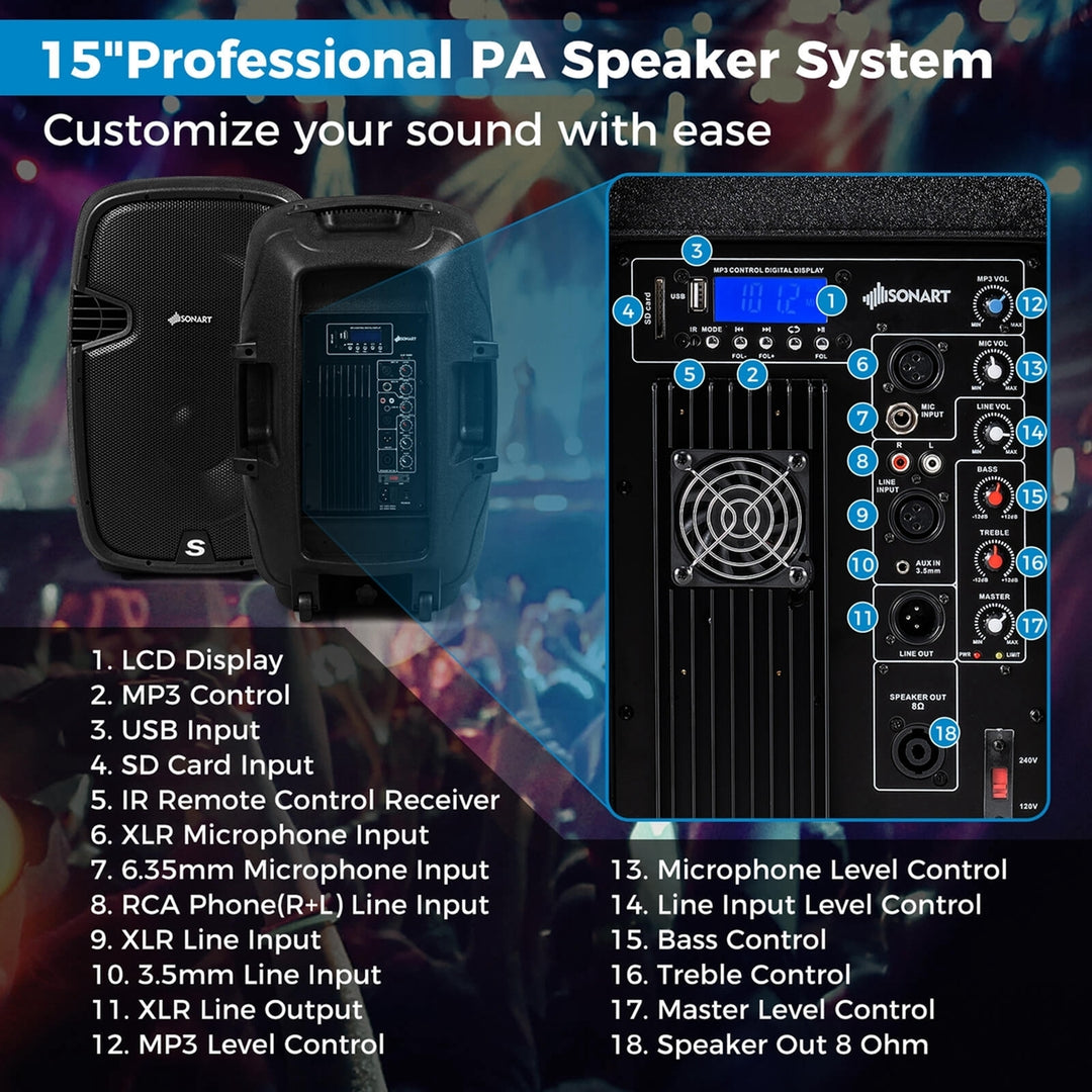 Portable Dual 15" 2-way 2000 W Powered Speakers w/ Stands and Controller Image 4