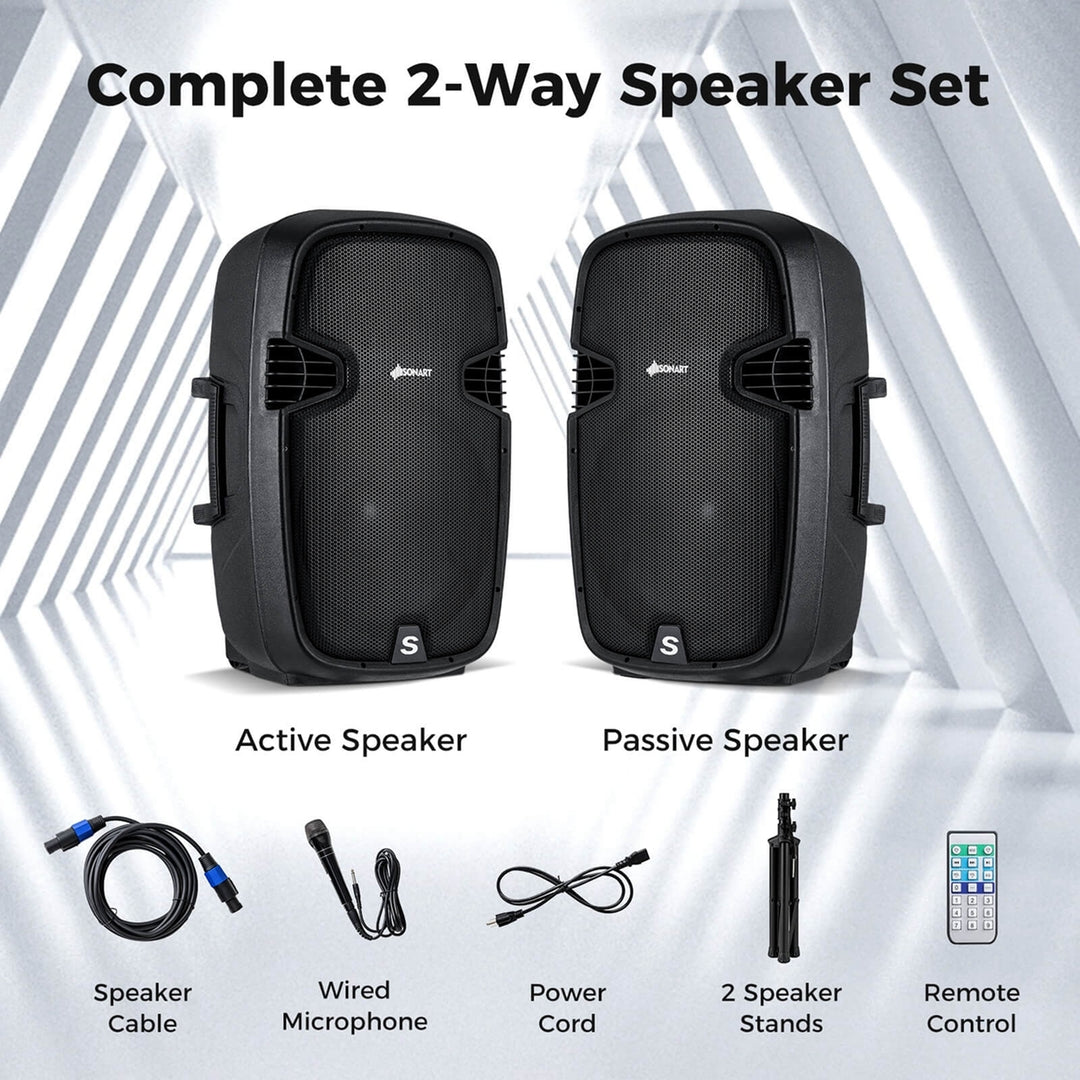 Portable Dual 15" 2-way 2000 W Powered Speakers w/ Stands and Controller Image 7