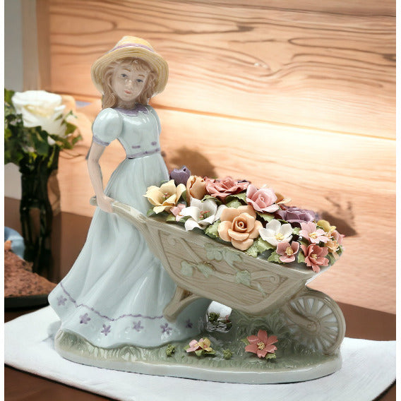 Ceramic Girl Pushing Flower Cart Figurine 8.25x4.125x8.75 Gift Image 1