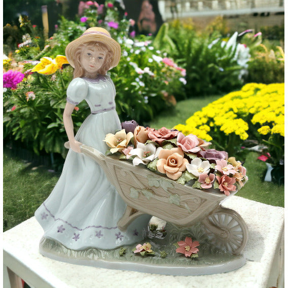 Ceramic Girl Pushing Flower Cart Figurine 8.25x4.125x8.75 Gift Image 2