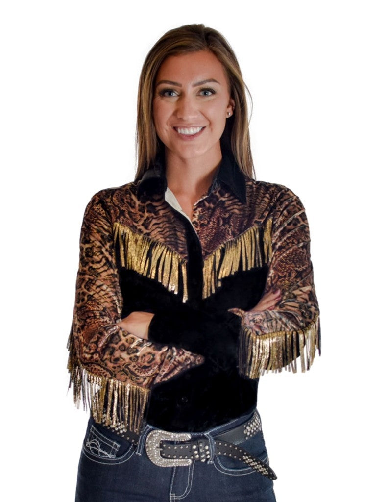 Cowgirl Tuff Western Shirt Womens L/S Animal Fringe Black 100746 Image 1