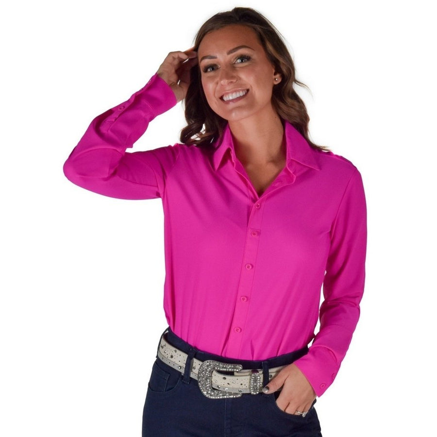 Cowgirl Tuff Western Shirt Womens Solid L/S Stretch Hot Pink 100815 Image 1