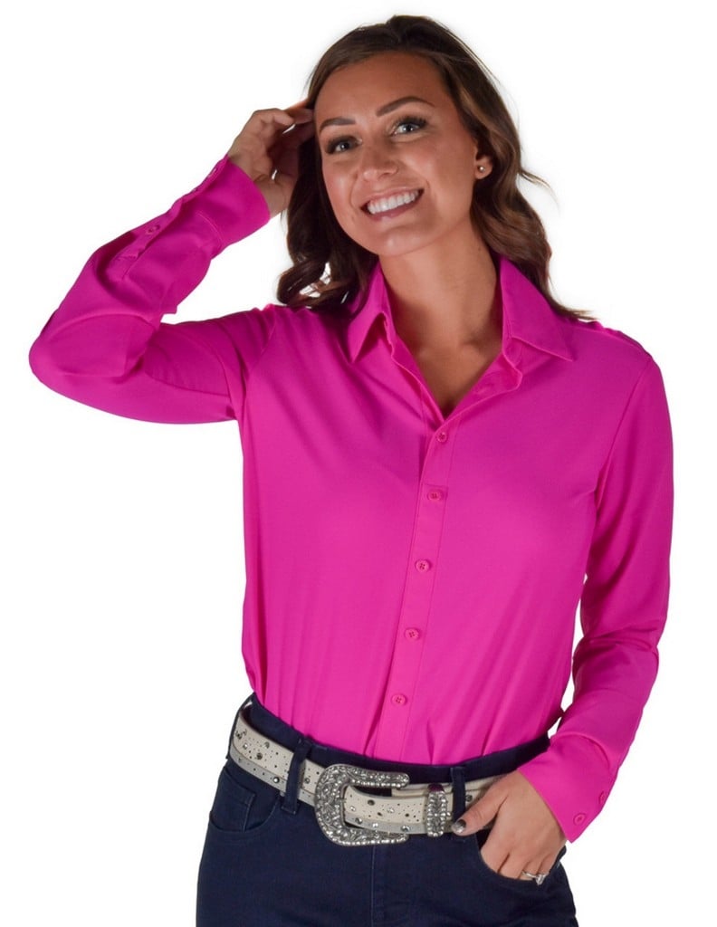 Cowgirl Tuff Western Shirt Womens Solid L/S Stretch Hot Pink 100815 Image 1