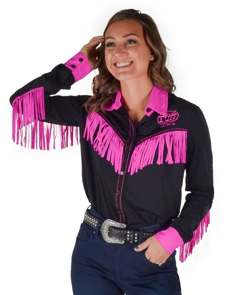 Cowgirl Tuff Western Shirt Womens L/S Fringe Black Hot Pink 100818 Image 1