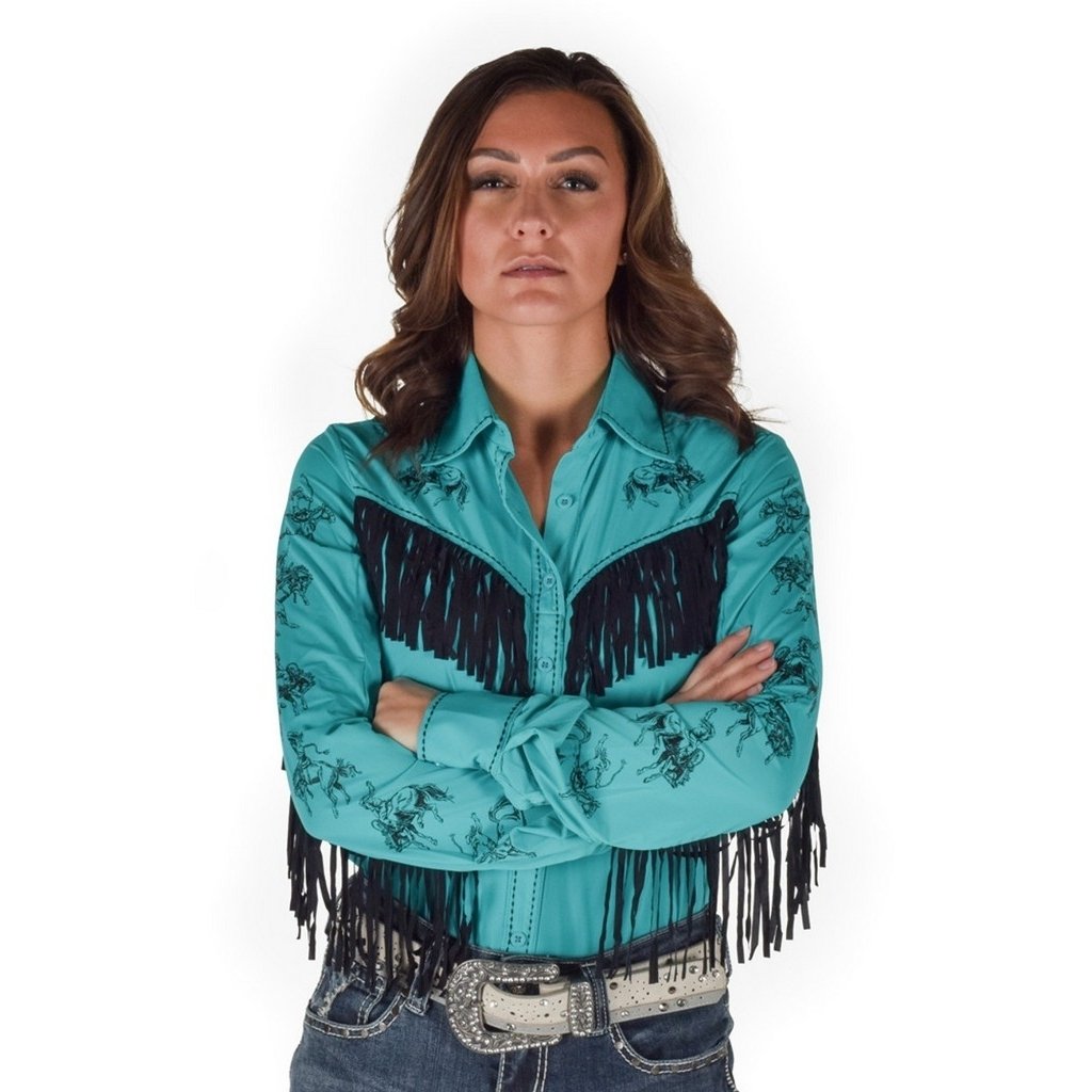 Cowgirl Tuff Western Shirt Womens L/S Fringe Horse Turquoise 100826 Image 1