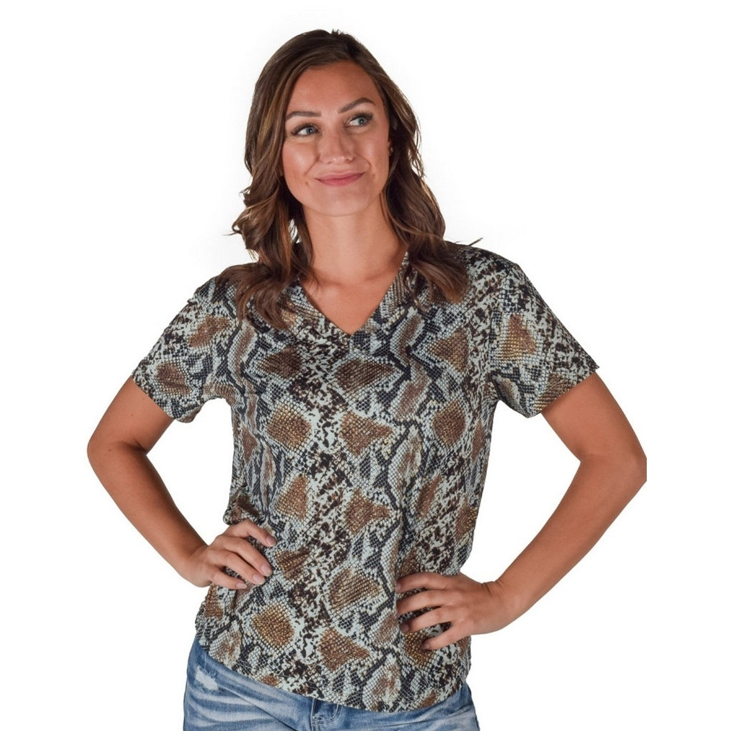 Cowgirl Tuff Western Shirt Womens S/S V-Neck Flowy Dusty Blue 100781 Image 1