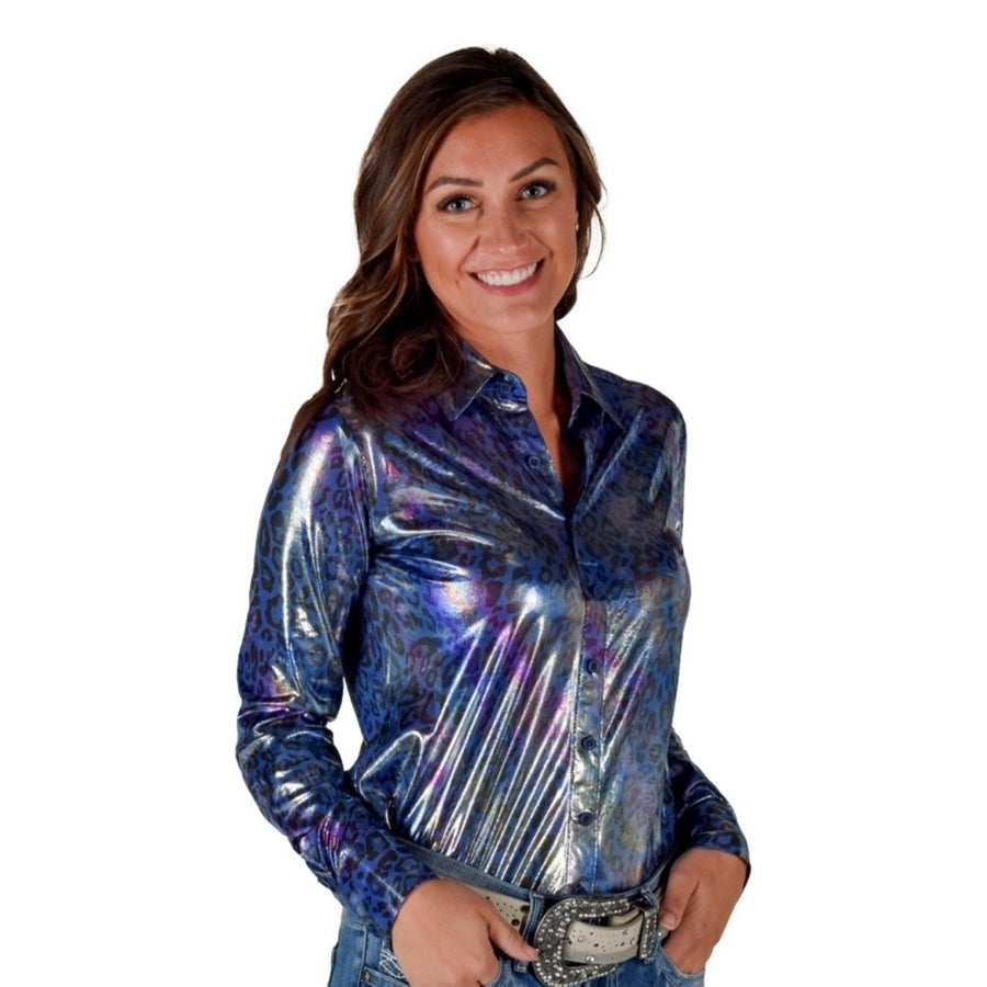 Cowgirl Tuff Western Shirt Womens L/S Foil Leopard Blue 100810 Image 1