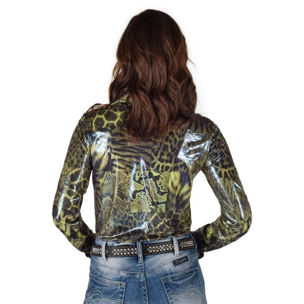 Cowgirl Tuff Western Shirt Womens L/S Animal Print Shiny Green 100772 Image 2