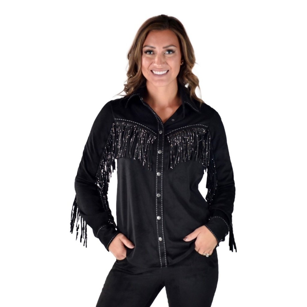 Cowgirl Tuff Western Shirt Womens L/S Bling Fringe Black 100699 Image 1