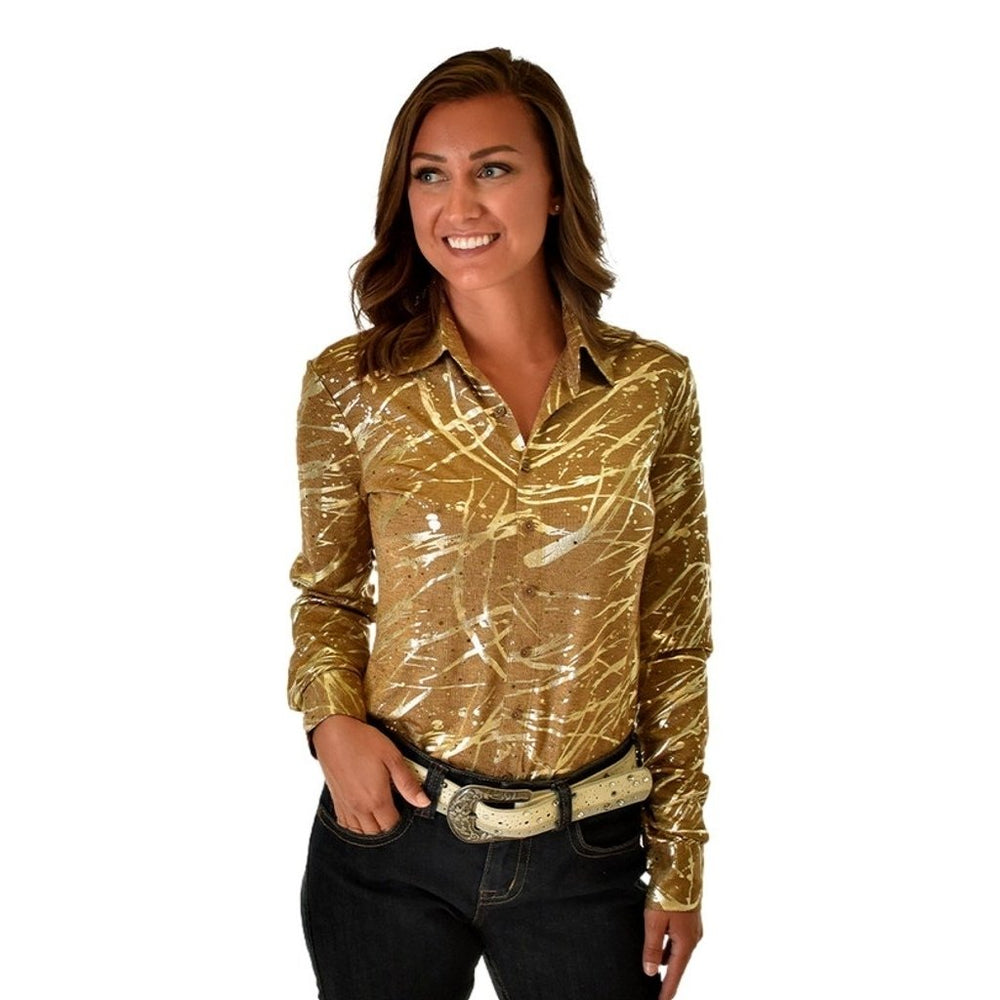 Cowgirl Tuff Western Shirt Womens Long Sleeve Metallic Tan 100713 Image 1