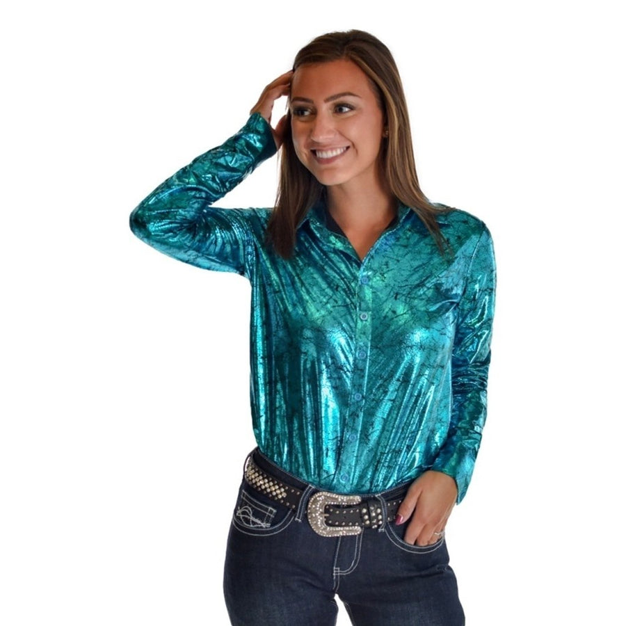 Cowgirl Tuff Western Shirt Womens Long Sleeve Shiny Turquoise 100708 Image 1