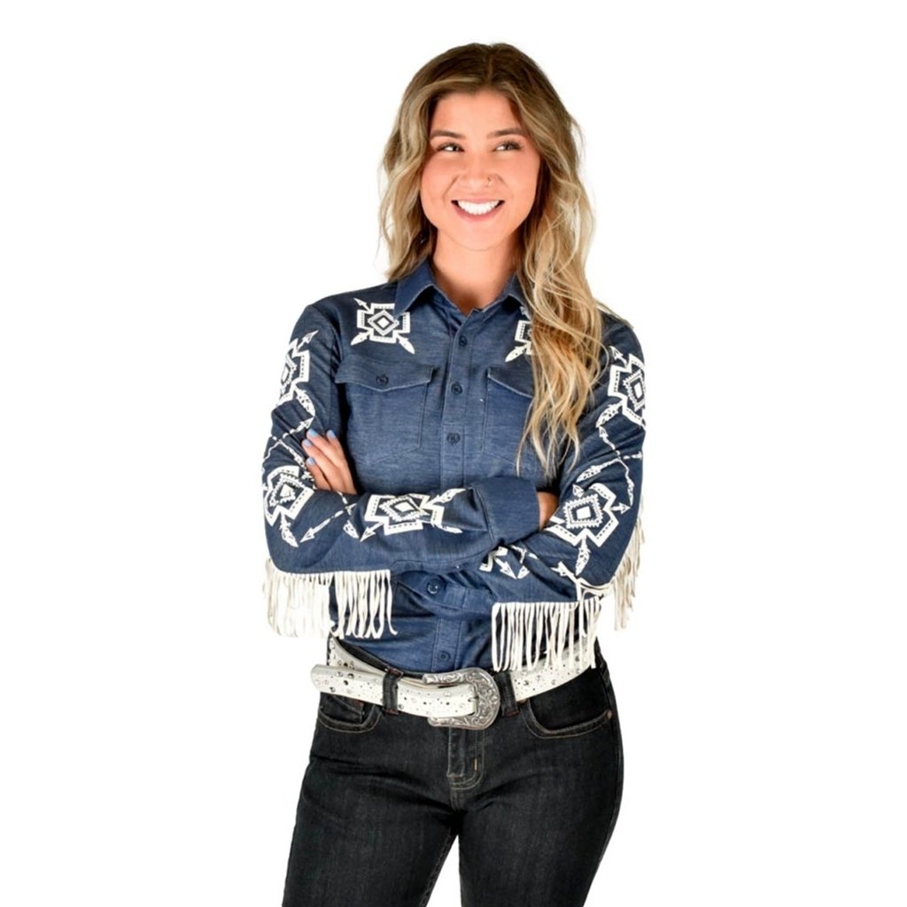 Cowgirl Tuff Western Shirt Womens L/S Aztec Fringe Navy 100693 Image 1