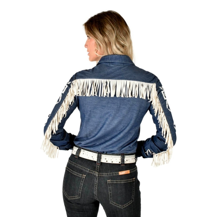 Cowgirl Tuff Western Shirt Womens L/S Aztec Fringe Navy 100693 Image 2