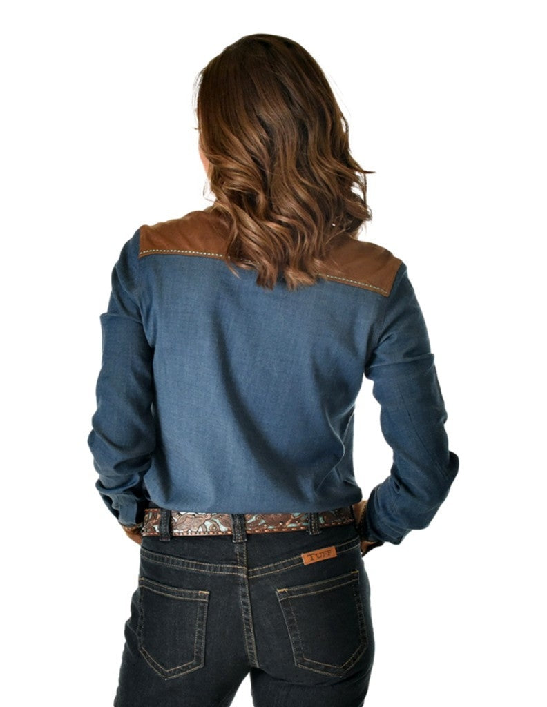 Cowgirl Tuff Western Shirt Womens L/S Denim Trim Brown 100702 Image 2