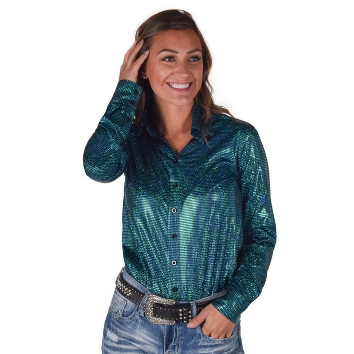 Cowgirl Tuff Western Shirt Womens L/S Foil Button Turquoise 100769 Image 1